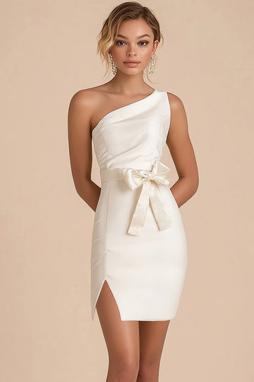 White One Shoulder Bodycon Short Graduation Dress with Slit